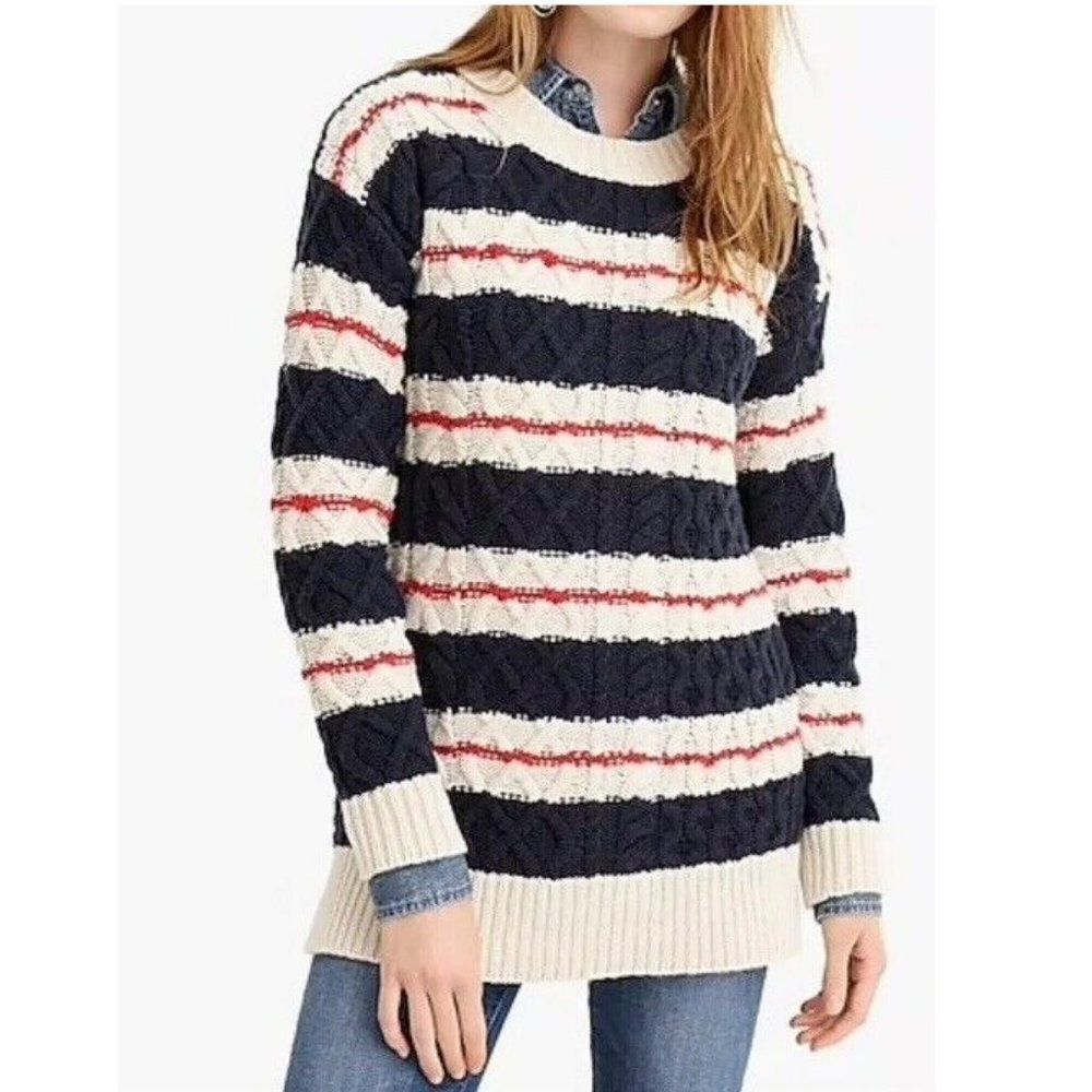 J. Crew Gabby Striped Cable Knit Merino Wool Blend Sweater K4655 Size Medium